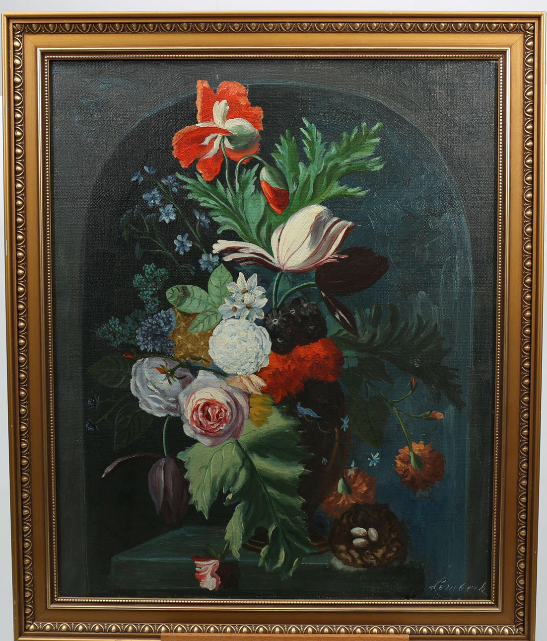 OIDENTIFIERAD KONSTNÄR. Olja på duk, Blomsterstilleben, signerad Lembeck.
