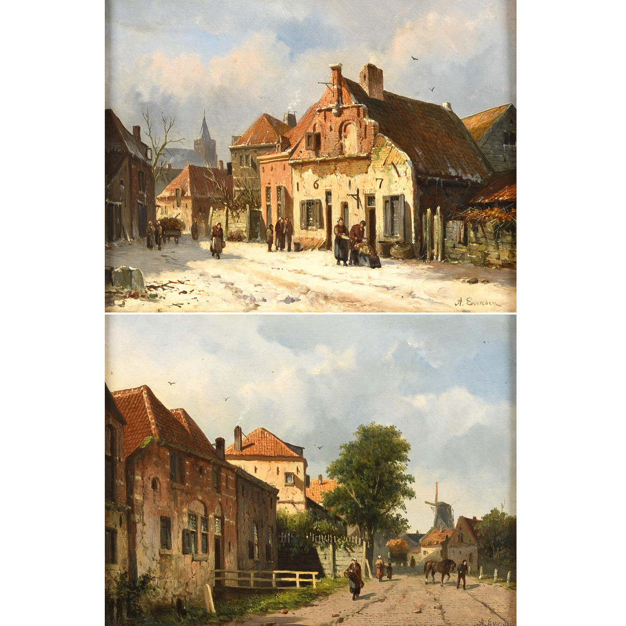 ADRIANUS EVERSEN (1818-1897). TOWN SCENES: SUMMER; WINTER.