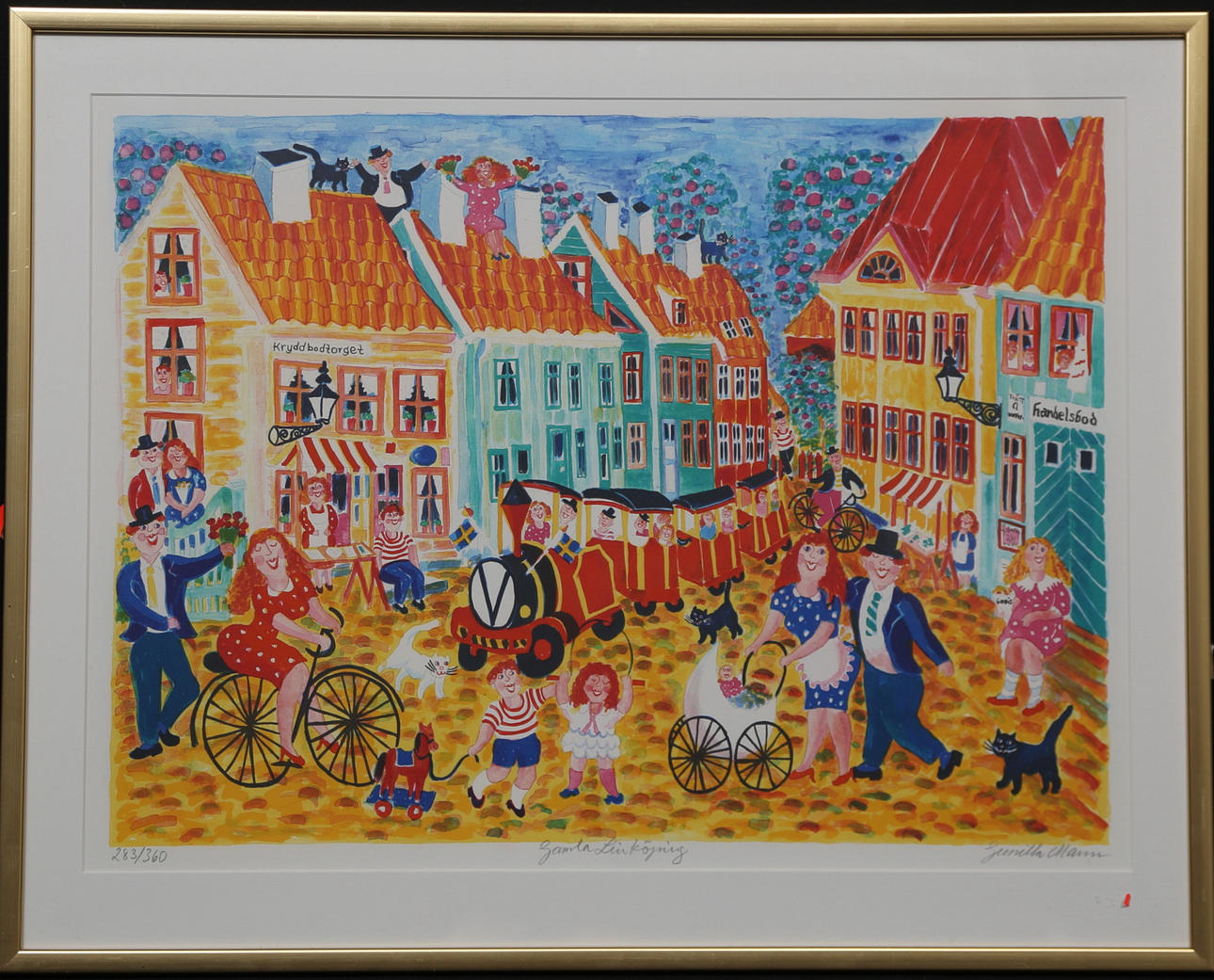 GUNILLA MANN. "Old Linköping". Color lithograph, signed and numbered 283/360.