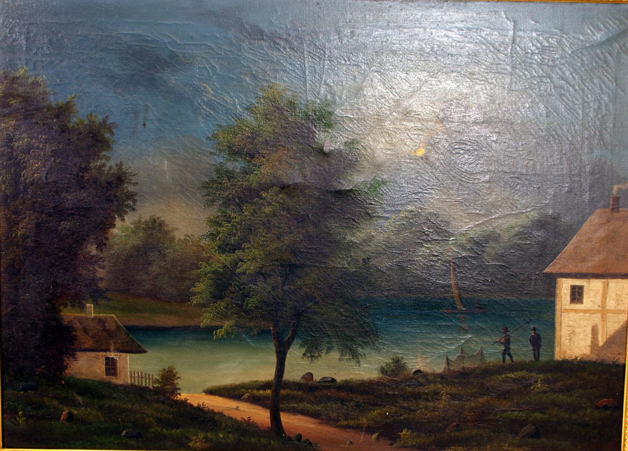 OIDENTIFIERAD KONSTNÄR. Sjölandskap med fiskare, olja på duk, osignerad.