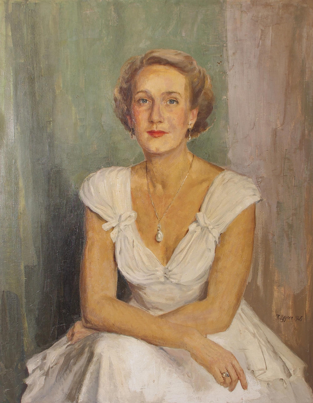 ROGER LÖFGREN. Porträtt av doktorinnan Carin Lindgren född Wigelius, signerad R. Löfgren 1948.