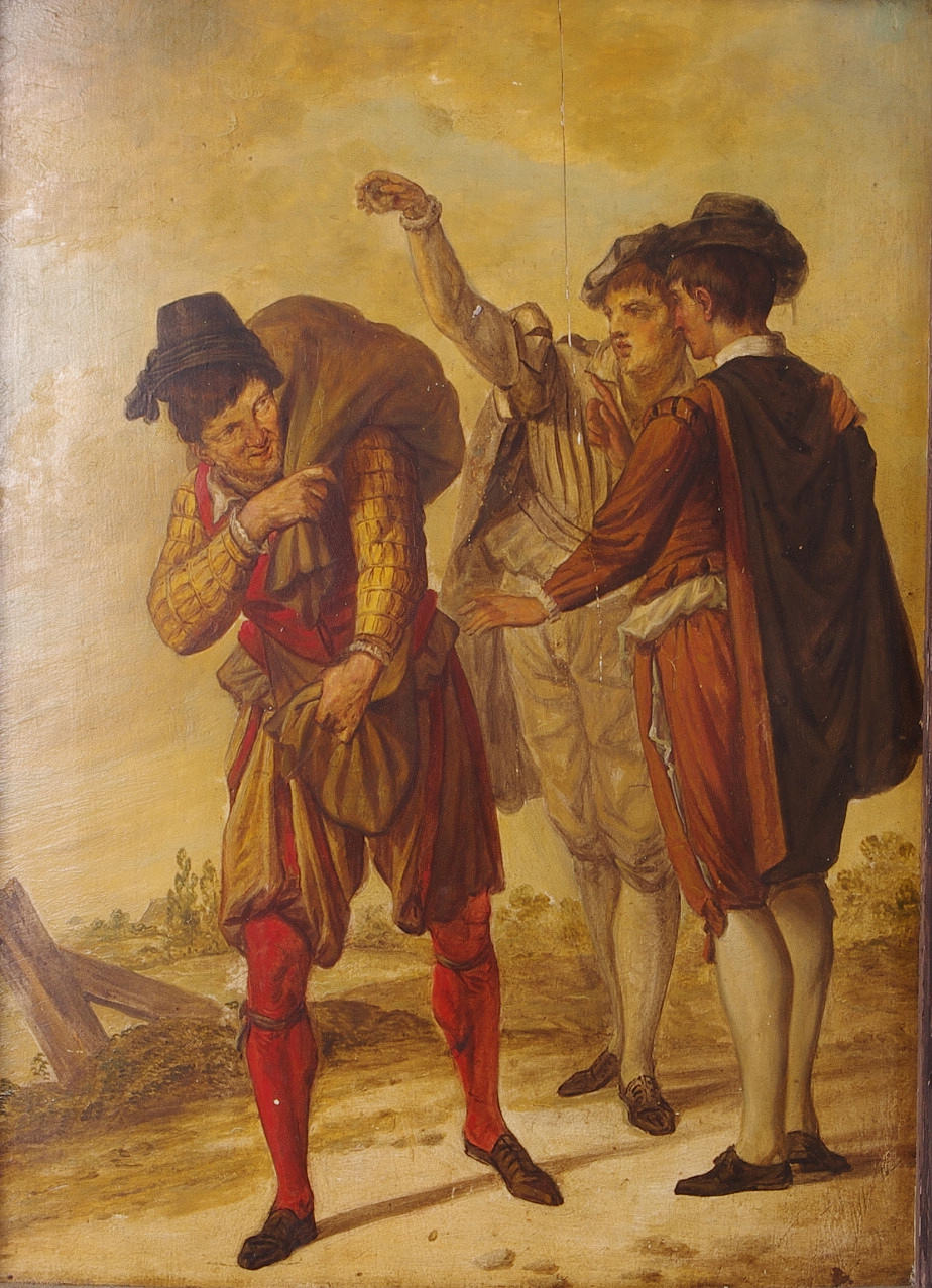 OIDENTIFIERAD KONSTNÄR. Möte på vägen, olja på pannå, osignerad.