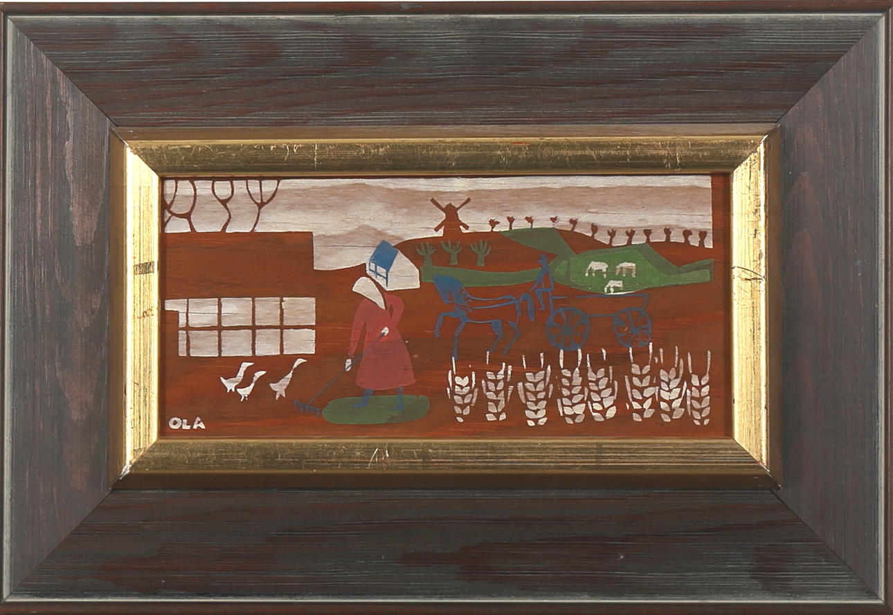 OLA BILLGREN. Skånskt landskap, screentryk på pannå, Signerad OLA.