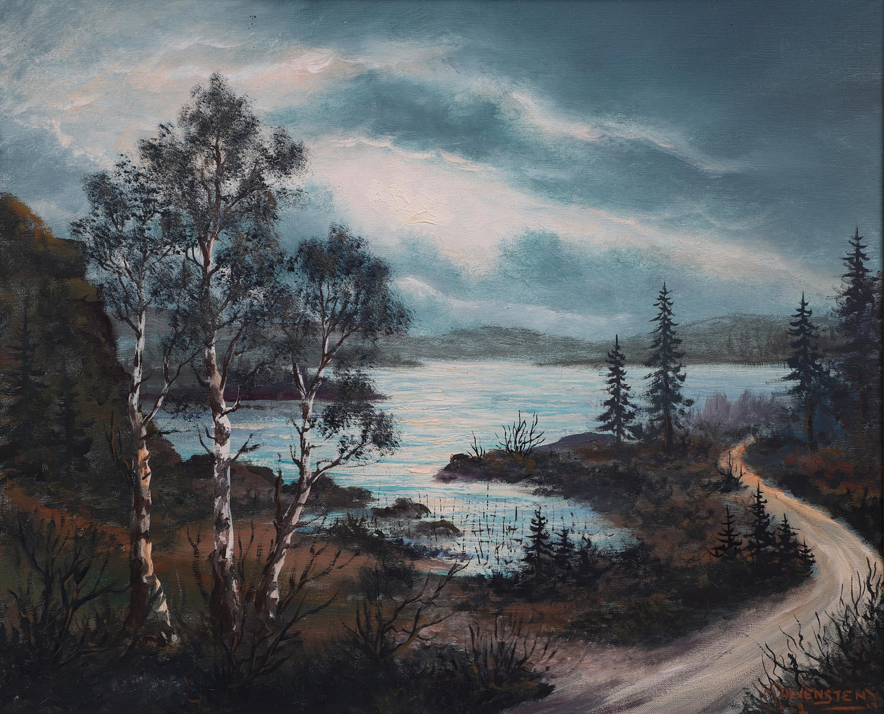 JACK ULVENSTEN. Oil on canvas, moonlight over lake, signed, dated -61.
