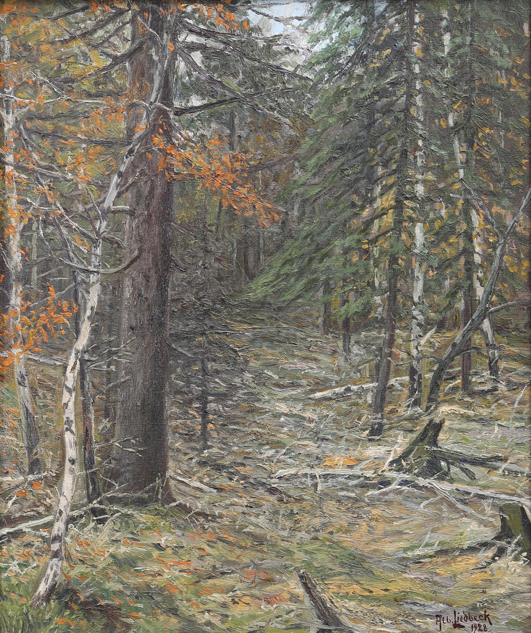 ALBERT LIEDBECK. Forest motif. Oil on canvas, signed and dated 1928.