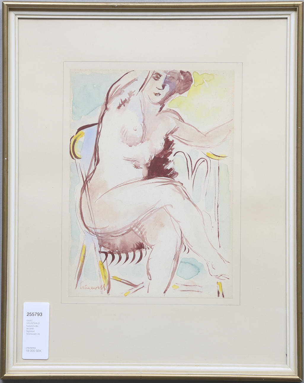 ISAAC GRÜNEWALD. Nakenstudie. Akvarell. Signerad Grünewald.