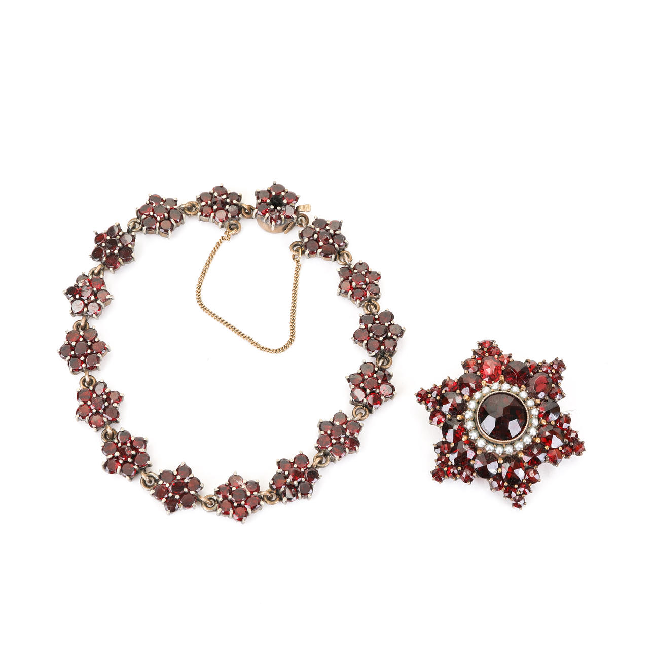 SCHMUCK, Granat, Armband, Brosche, Granat, Gold Double.