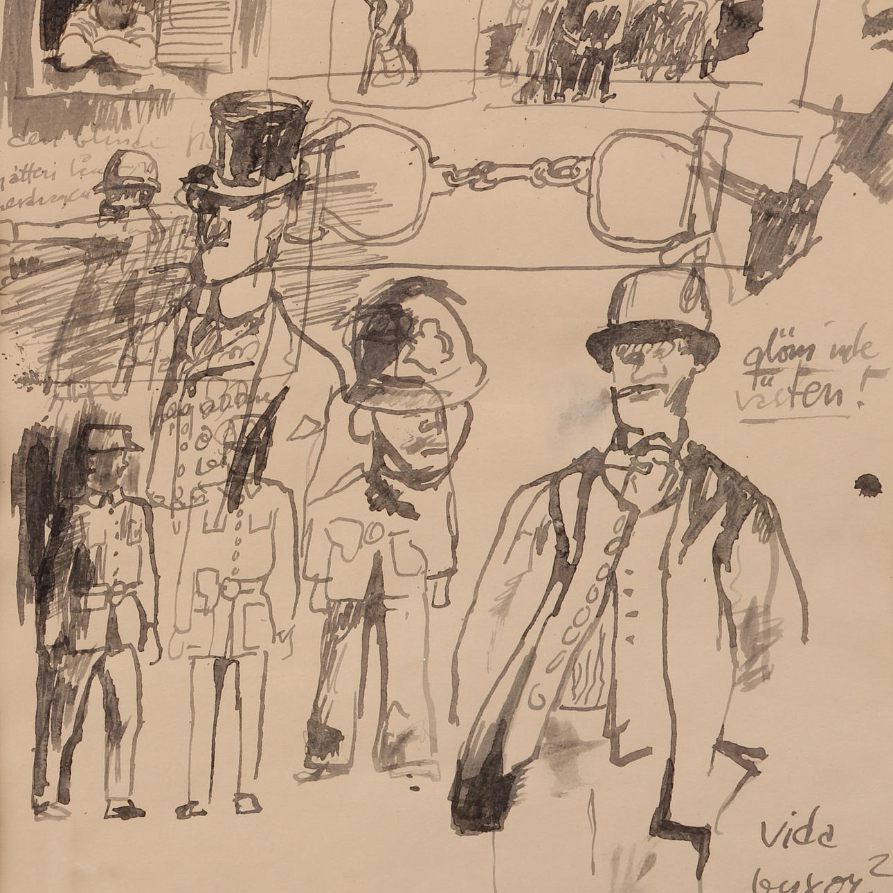 OLLE ÄNGKVIST. TILLSKRIVEN. Akvarell, "Tvärsigenom", Skiss till "Tolvskillingsoperan" I.