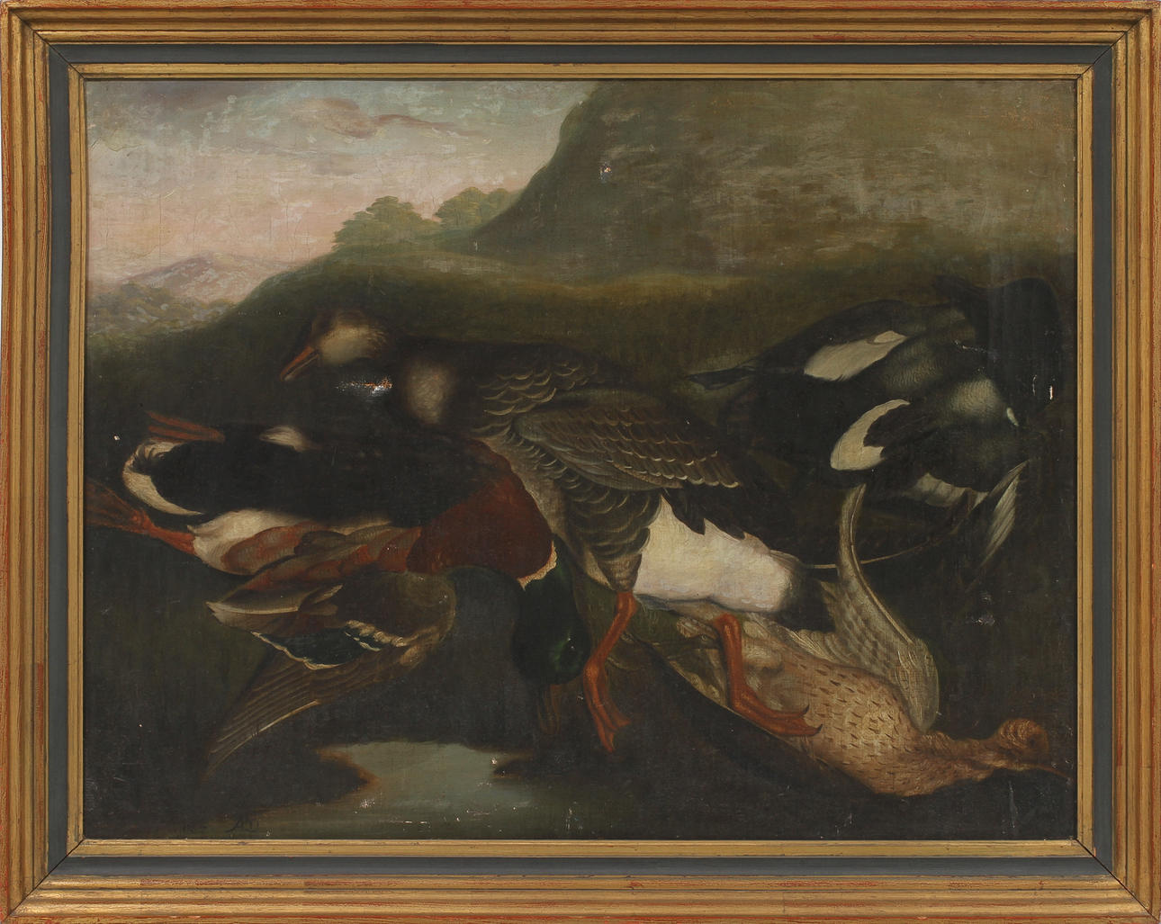 OIDENTIFIERAD KONSTNÄR. Stilleben med fåglar, olja på duk, monogramsignerad AD, daterad 1825.