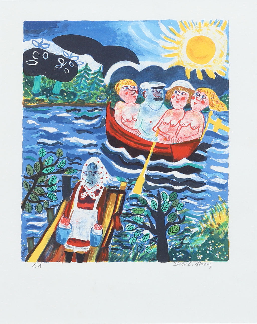 SVEN LIDBERG. Nude bather in a rowing boat, color lithograph no EA