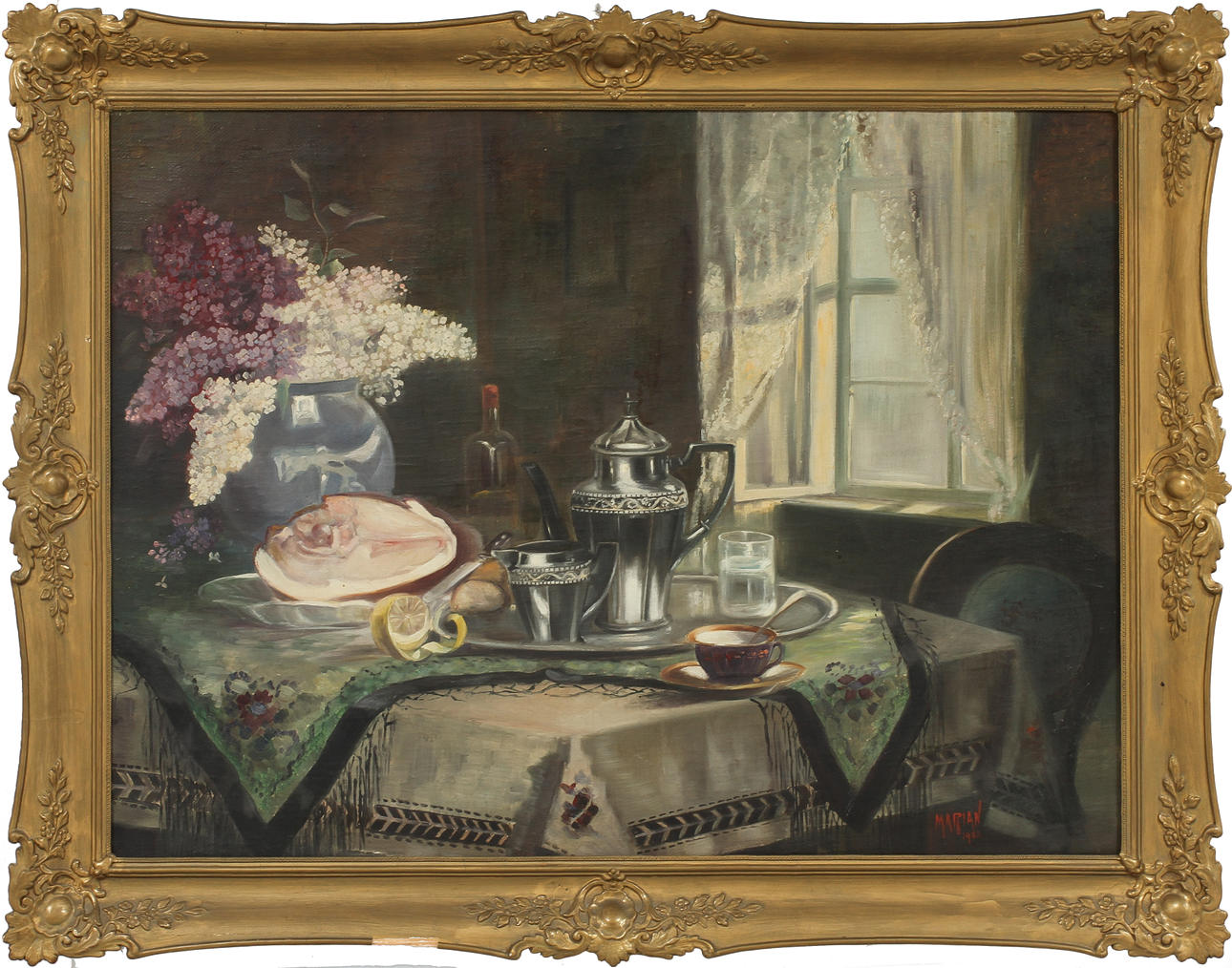 OIDENTIFIERAD KONSTNÄR. Stilleben. Olja på duk, signerad Marian, daterad 1922.