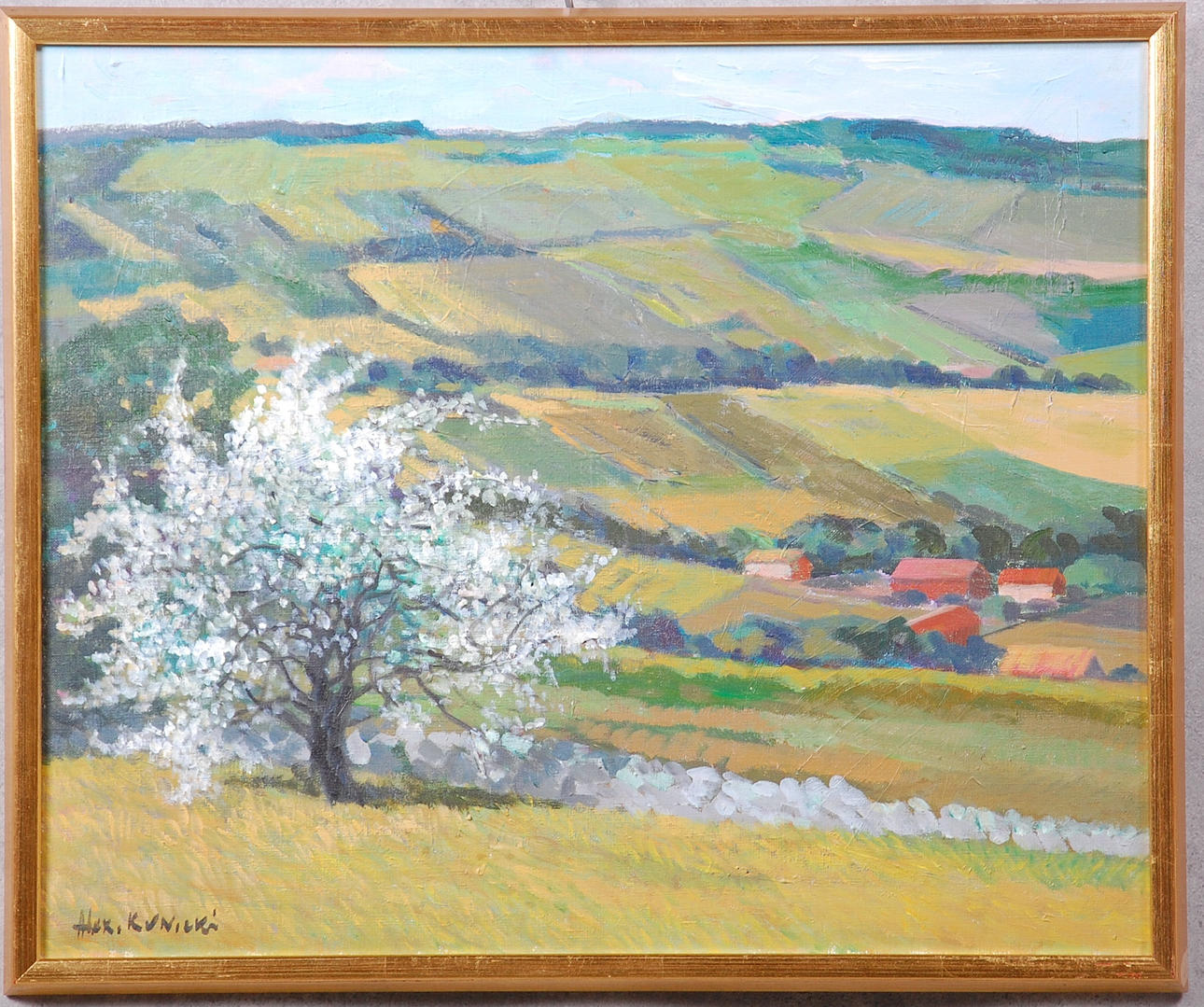 ALEXANDER KUNICKI. olja på duk, Landskap med blommande fruktträd " signerad.
