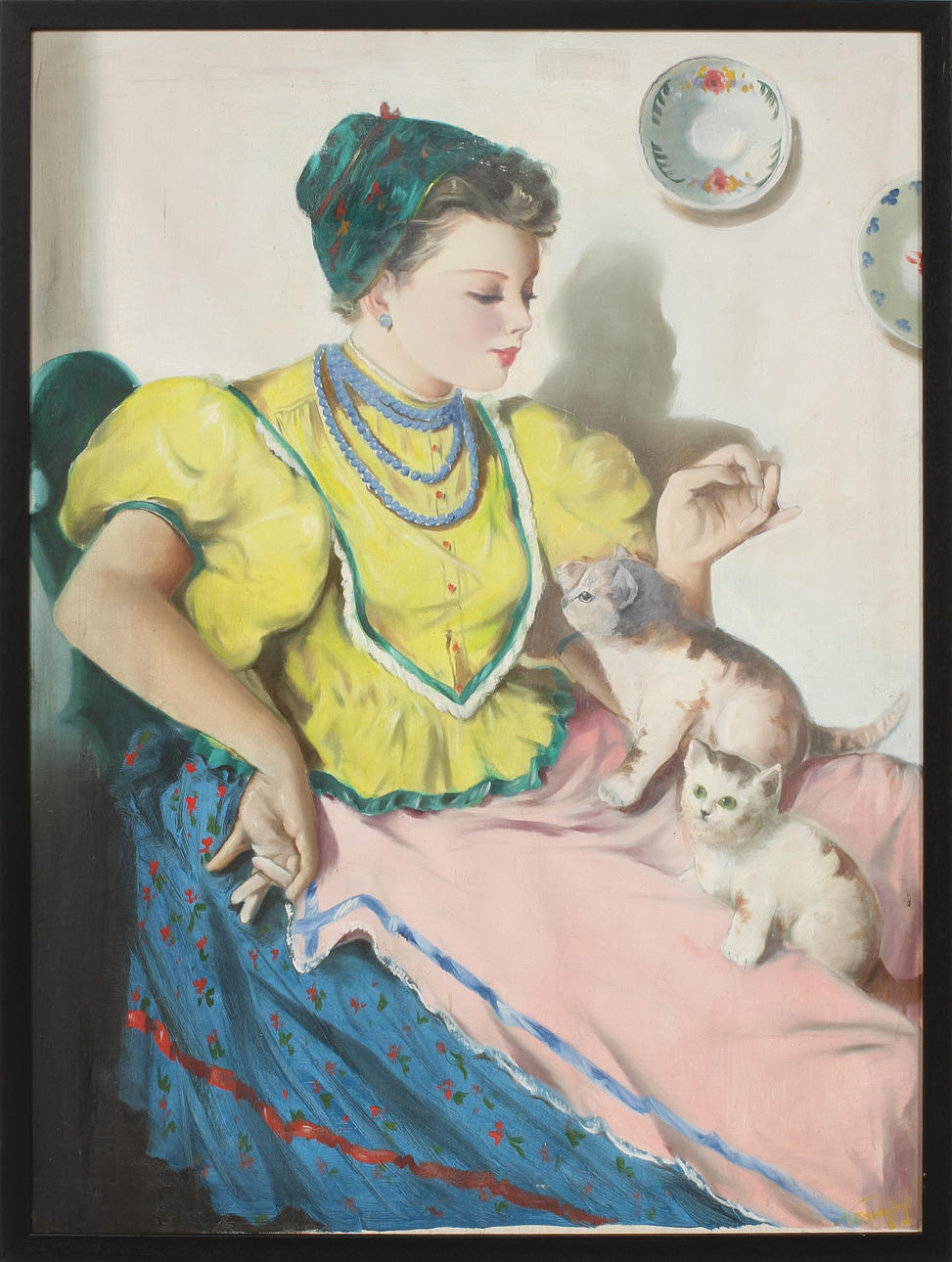 VIOLETTA KOSZEGHY. Kvinna med katter, olja på duk, signerad.