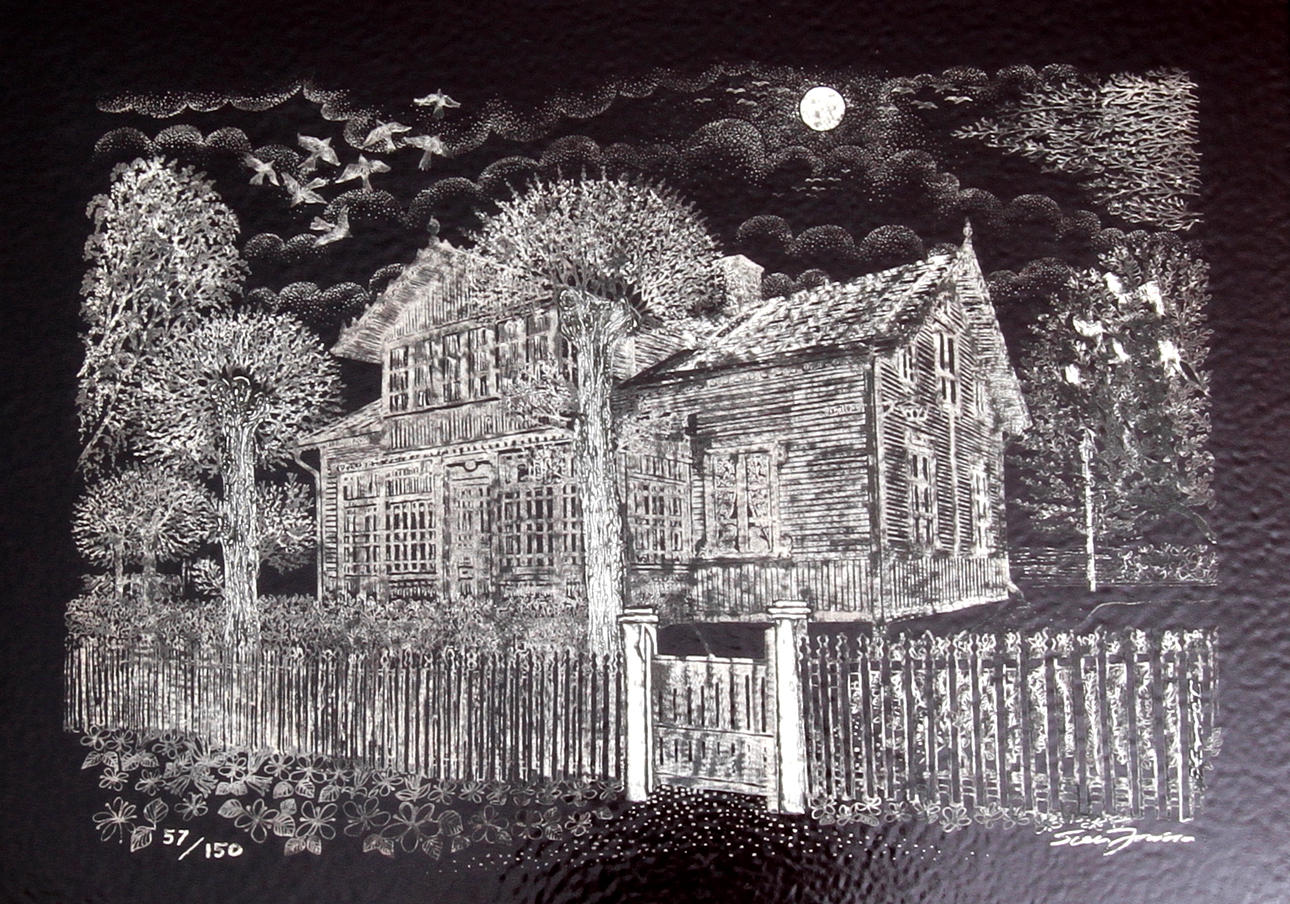 VÄGGPLAKETT, silvermålning på chamotterat stengods, "Olle Olssons hus", Sven Jonson, Gustavsberg, numrerad 57/150.