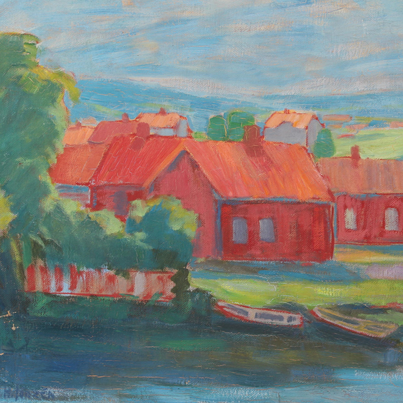 HADAR JÖNZEN. Olja på duk, "Röda hus vid ån", signerad.