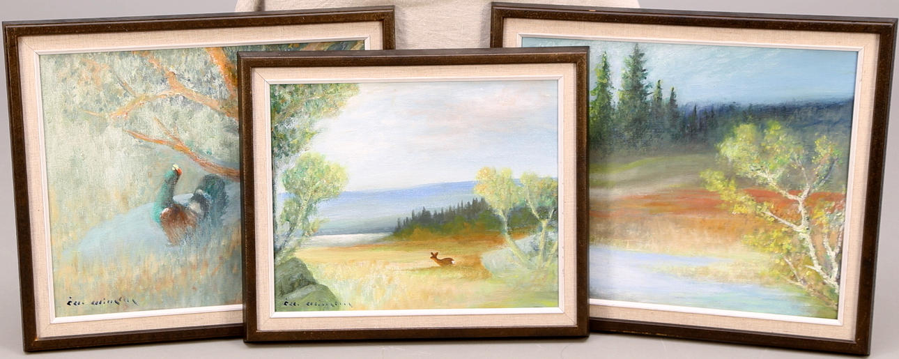 ÅKE KLINGBERG. Olja på duk, 3 st, tjäder, rådjur, sjöstrand, signerad, daterade 1981.