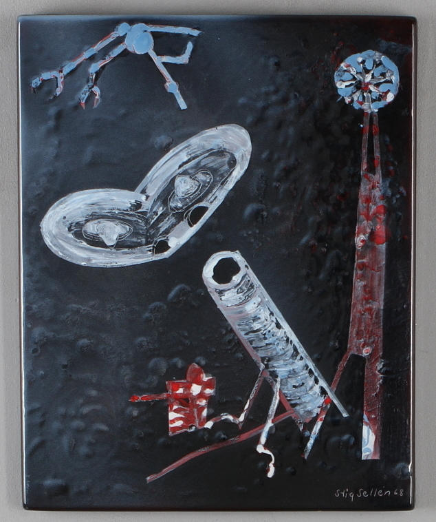 STIG SELLÉN. emaljtavla, signerad och daterad -68.