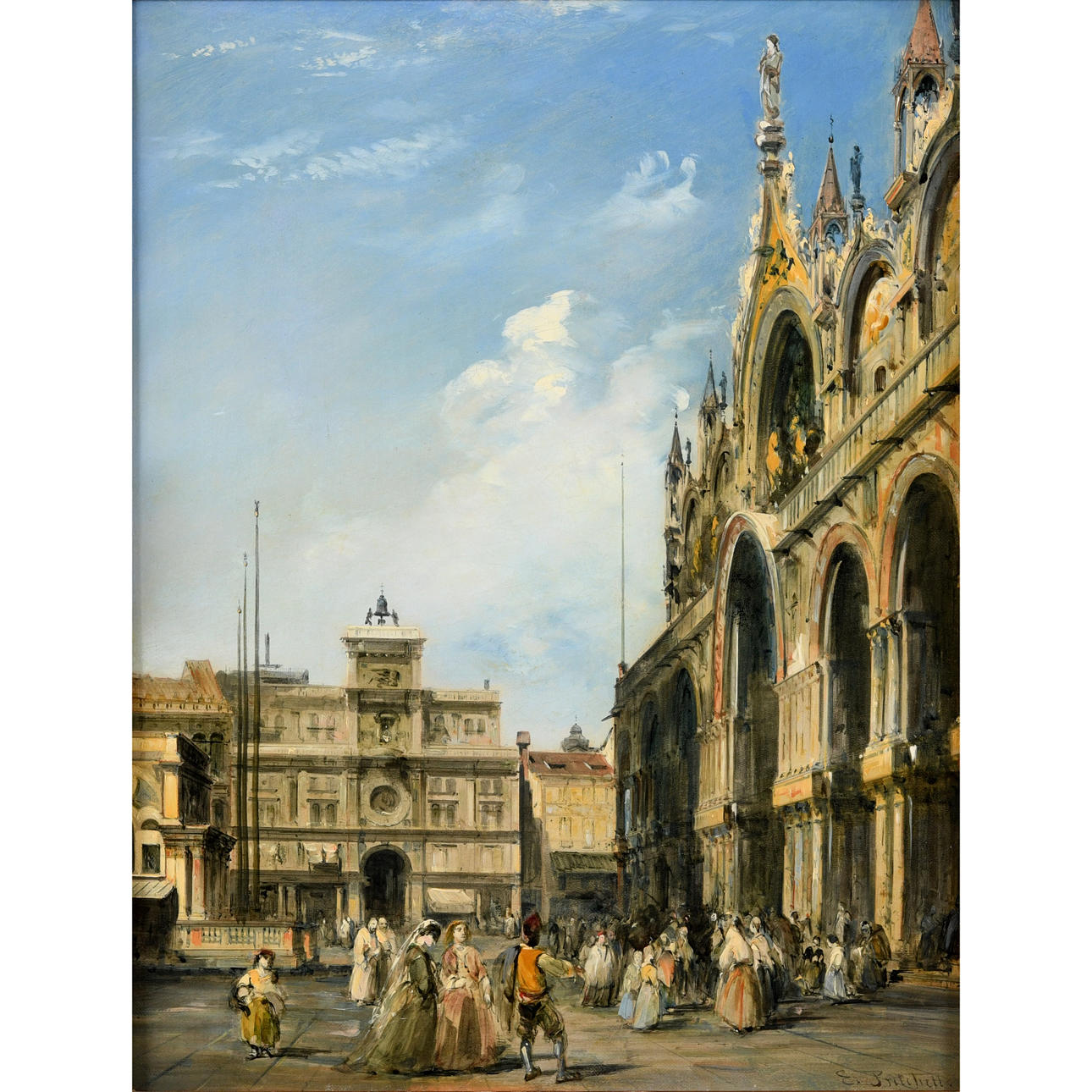 EDWARD PRITCHETT (1828-1876). VENICE: FIGURES IN THE PIAZZA SAN MARCO, LOOKING TOWARDS THE TORRE DELL'OROLOGIO.