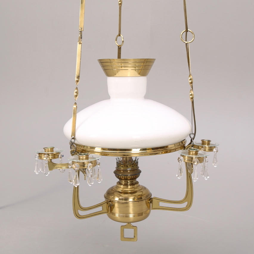 HÄNGFOTOGENLAMPA, mässing/glas, jugend, elektrifierad, höjd 135 cm.