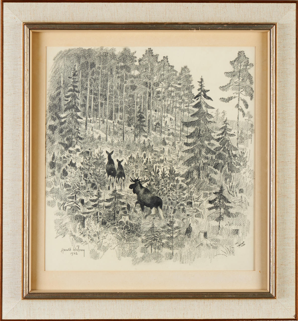 HARALD WIBERG. Moose, signed and dated 1972, drawing. Art
