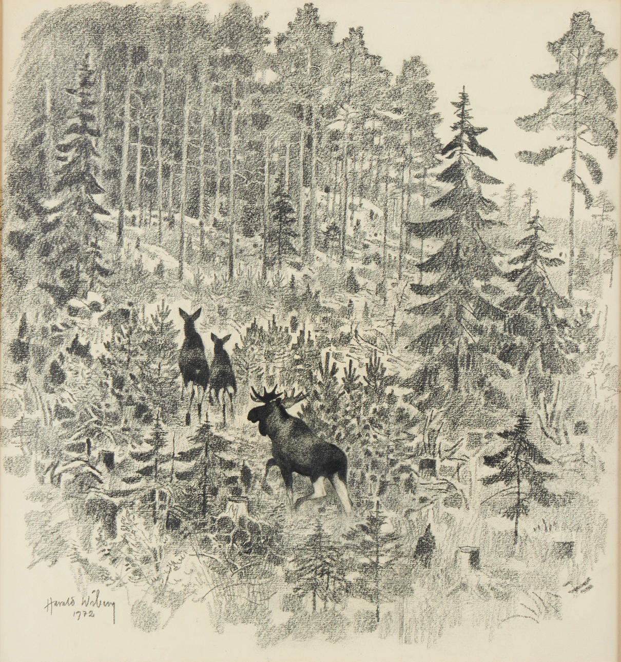 HARALD WIBERG. Moose, signed and dated 1972, drawing.