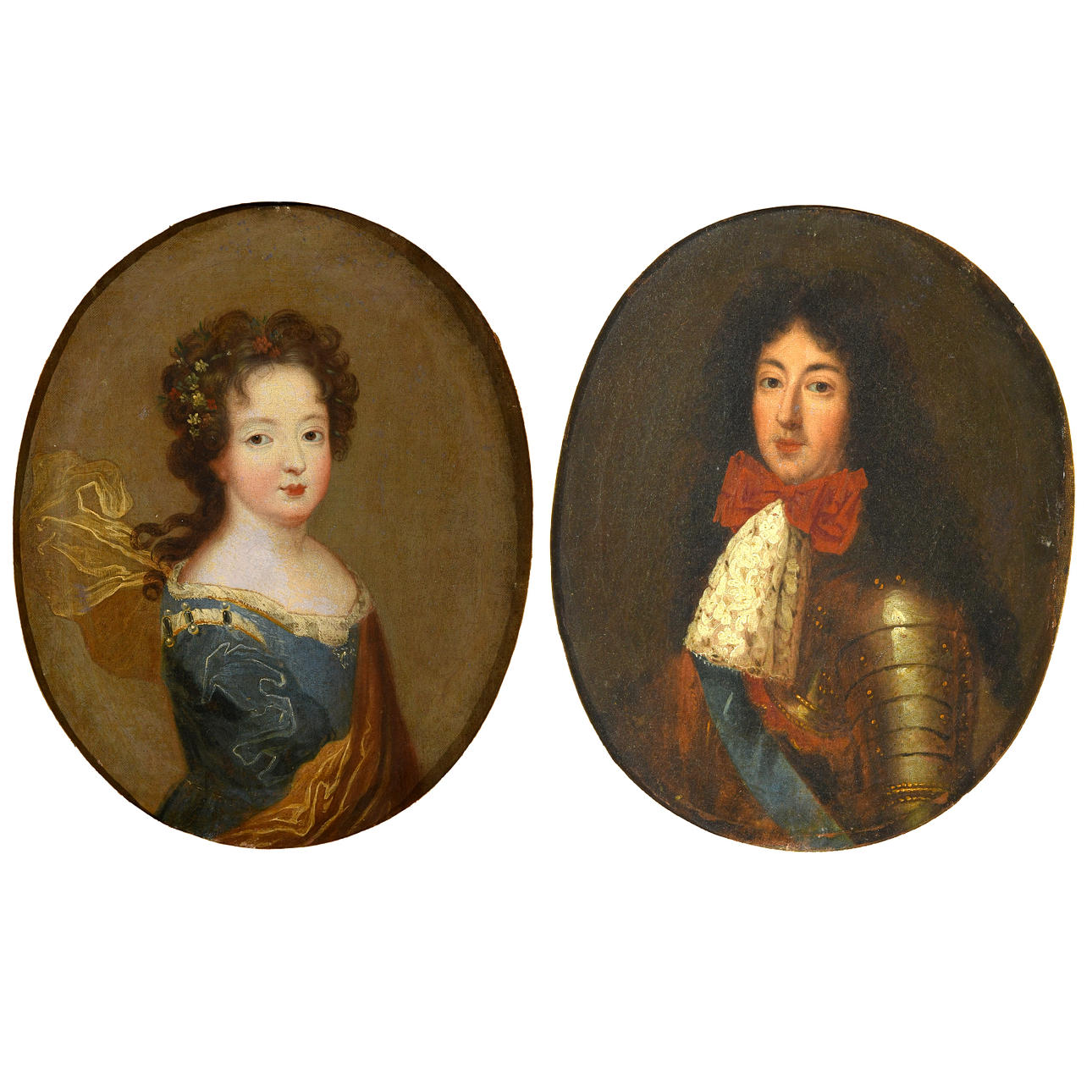 FOLLOWER OF PHILIPPE VIGNON (1638-1701). PORTRAITS OF A NOBLEMAN AND A NOBLEWOMAN, TRADITIONALLY IDENTIFIED AS LOUIS XIV OF FRANCE AND HIS DAUGHTER, MLLE DE BLOIS.