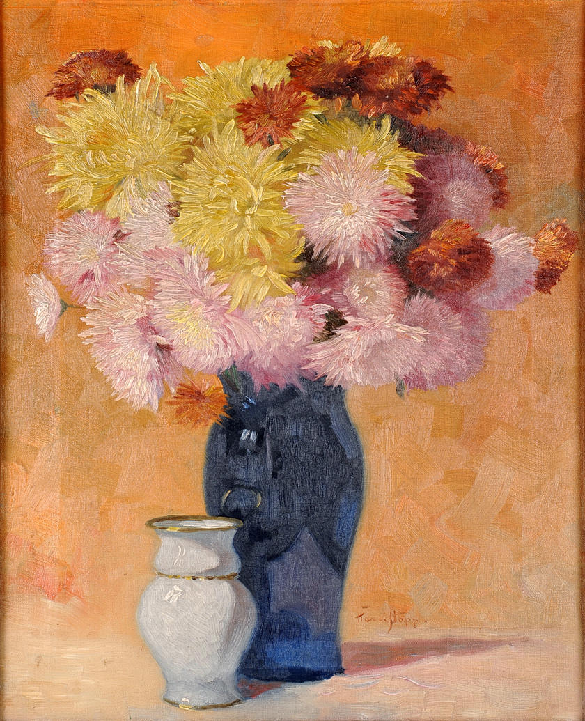 HANS STOPP. BLOMMA STILLEBEN MED LITEN VIT VAS. Olja på duk. 50 x 40 cm R.U.sign.: Hans Stopp. ram.