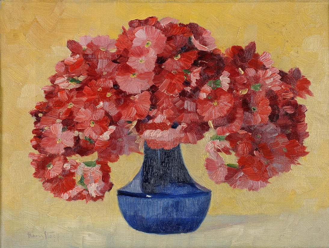 HANS STOPP. BLOMMA STILLEBEN BLÅ VAS. Olja på duk. 40 x 30cm L.U.sign.: Hans Stopp. ram.