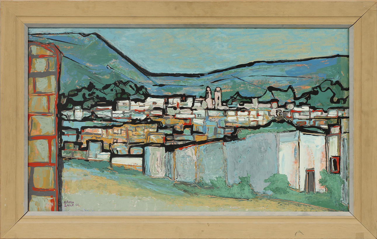 ALFREDO ZALCE (1908-2003). "Ciudad de Morelia". Akryl och olja på papper klistrad på pannå.