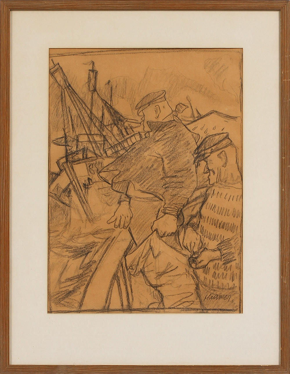 ERIK HAAMER. Gubbar i hamnen, teckning, signerad.