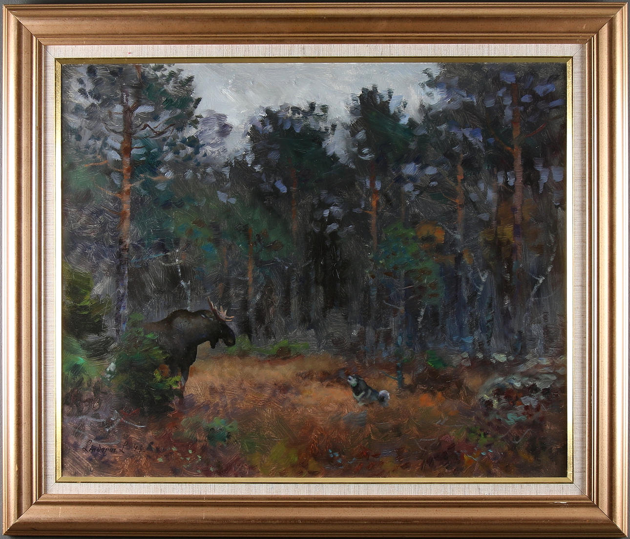 LINDORM LILJEFORS. Älg med ställande hund, olja på pannå, signerad och daterad -43.