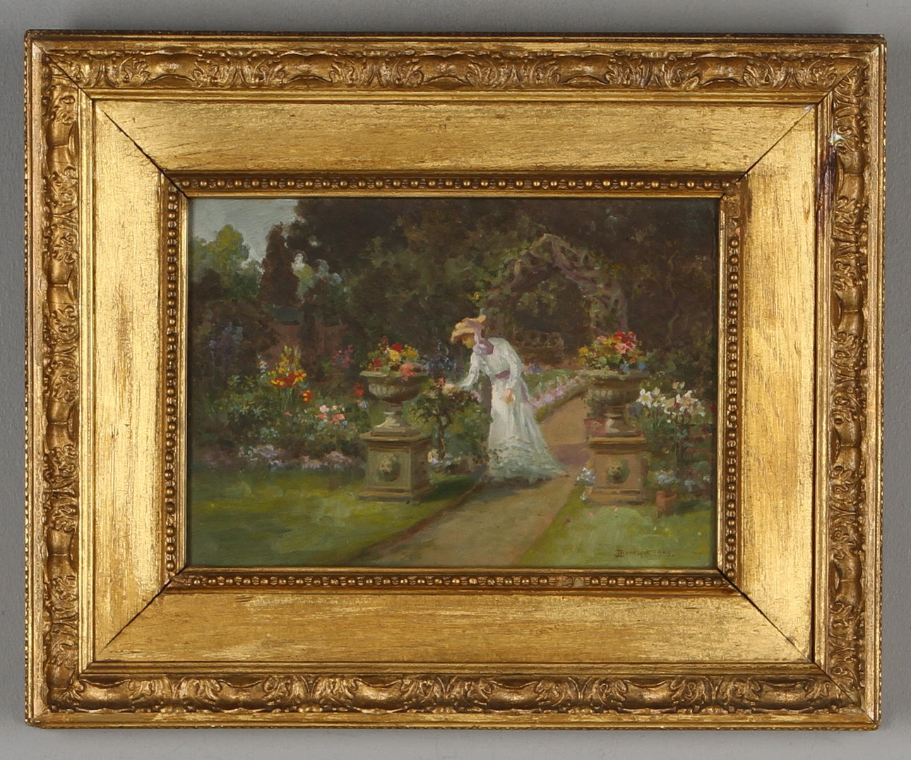 OKÄND KONSTNÄR. Kvinna i trädgård, blandteknik/gouache, signerad J Brooks? 1909.