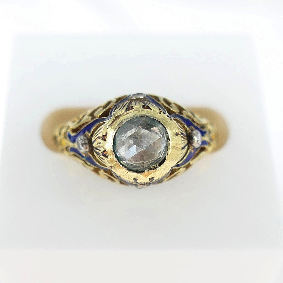 Goldring mit DIAMANT & BLAUER EMAILLE.