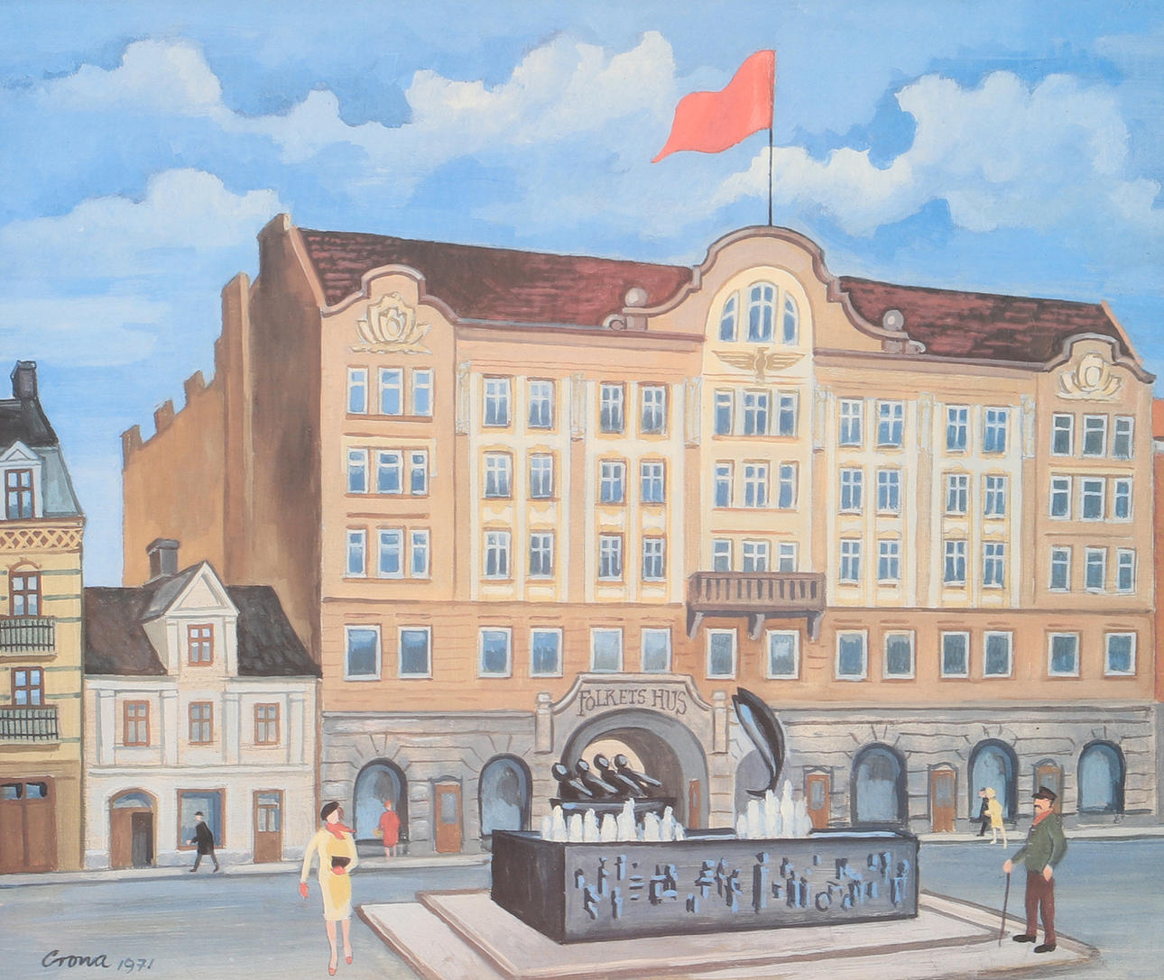 GEORG CRONA. Folkets hus Helsingborg, color lithograph, signed Crona.