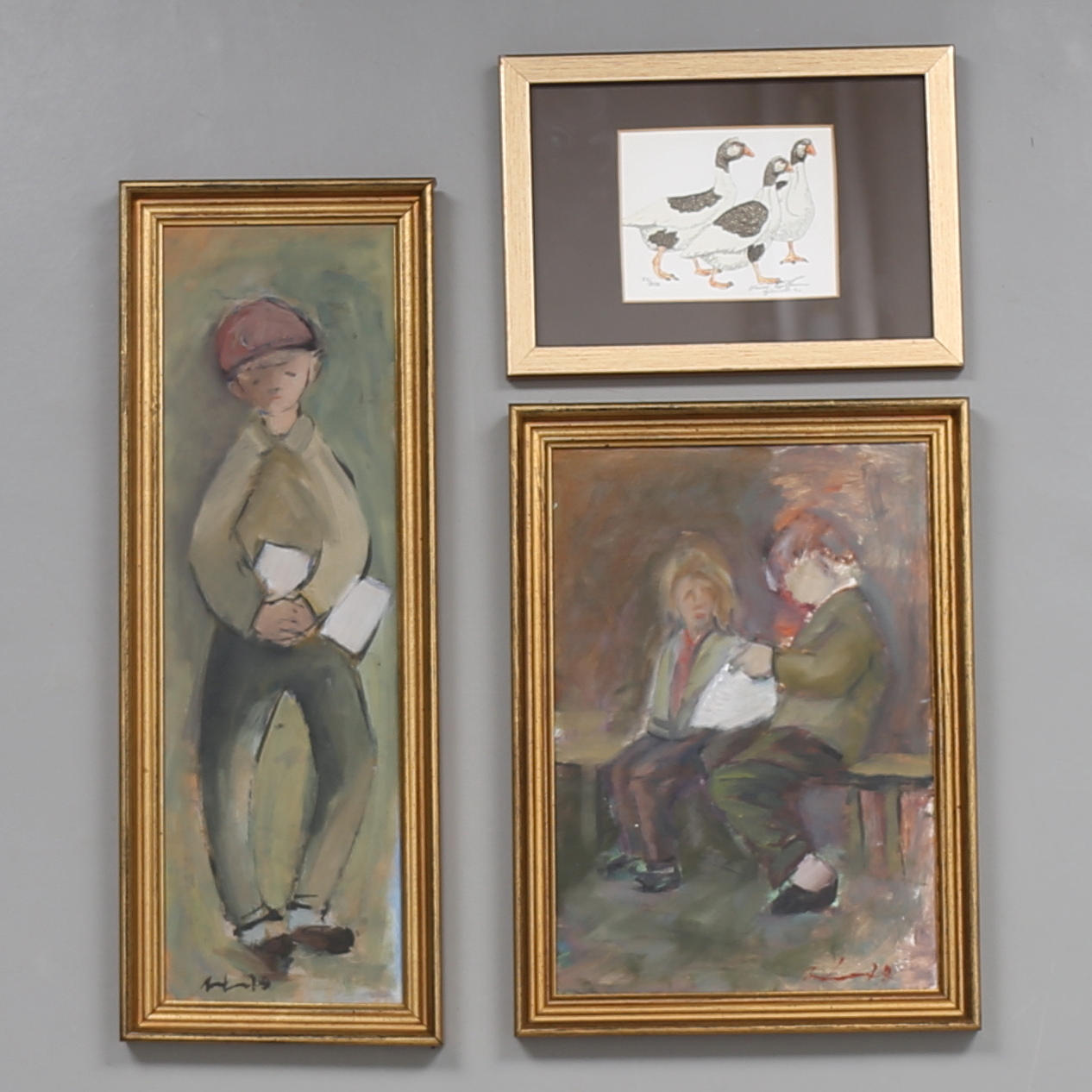 PARTI TAVLOR, 3 st, olja på pannå, otydligt signerade, daterade 1977 samt färglitografi, signerad Gåsamålaren Hasse Andersson och numrerad 22/300.