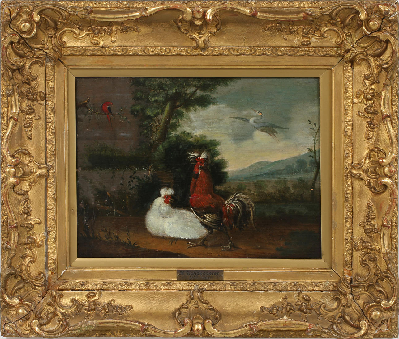 OIDENTIFIERAD KONSTNÄR. Hönsfåglar och fåglar i landskap, olja på pannå.