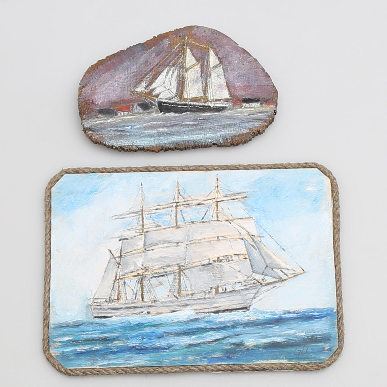 AXEL GLIMBERG. Parti tavlor, 2 st, fyrmastad bark, två-mastad galeas, signerade.