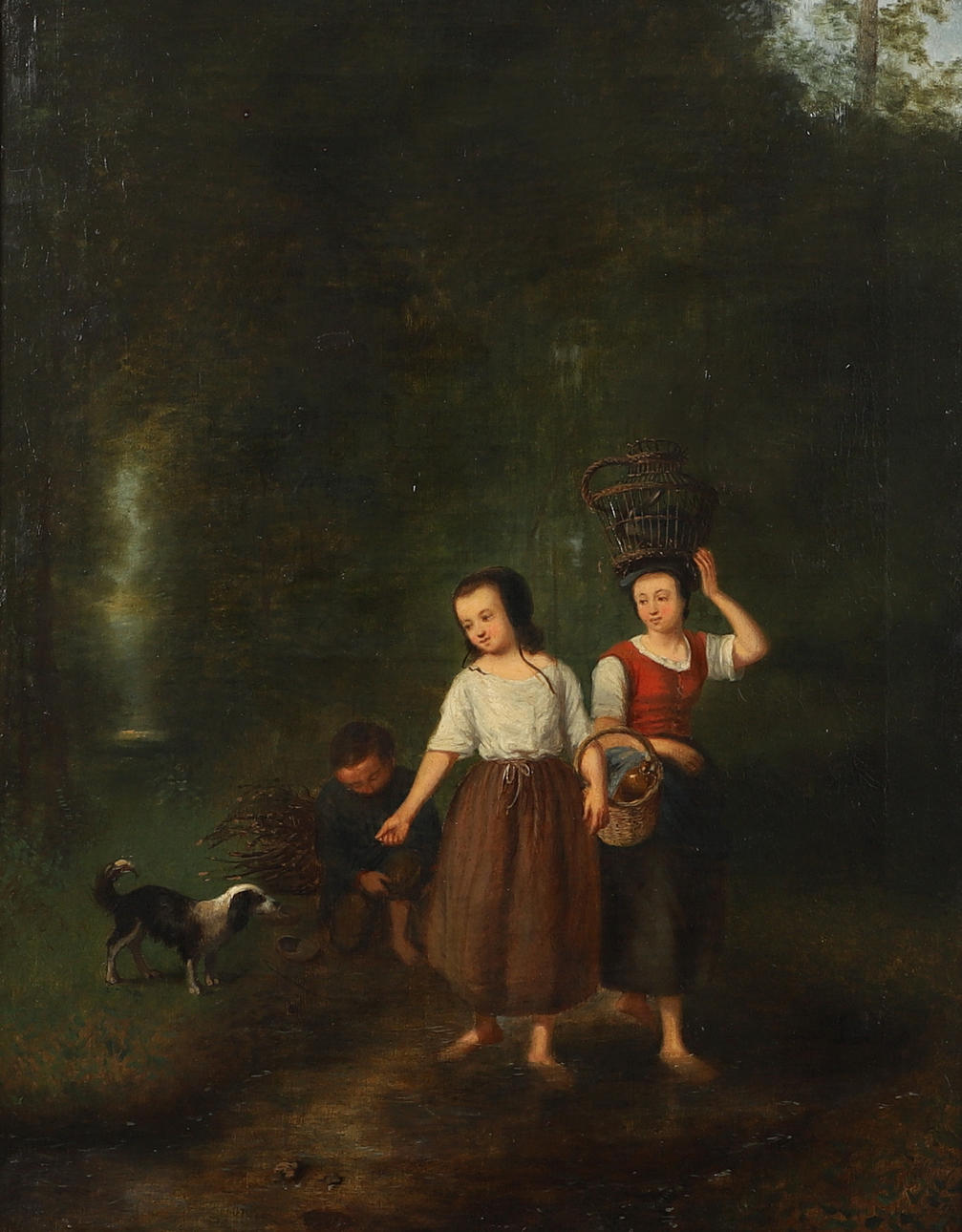 FOLLOWER OF FERDINAND DE BRAEKELEER (1792-1883). FIGURES WITH A DOG BY A WOODLAND STREAM.