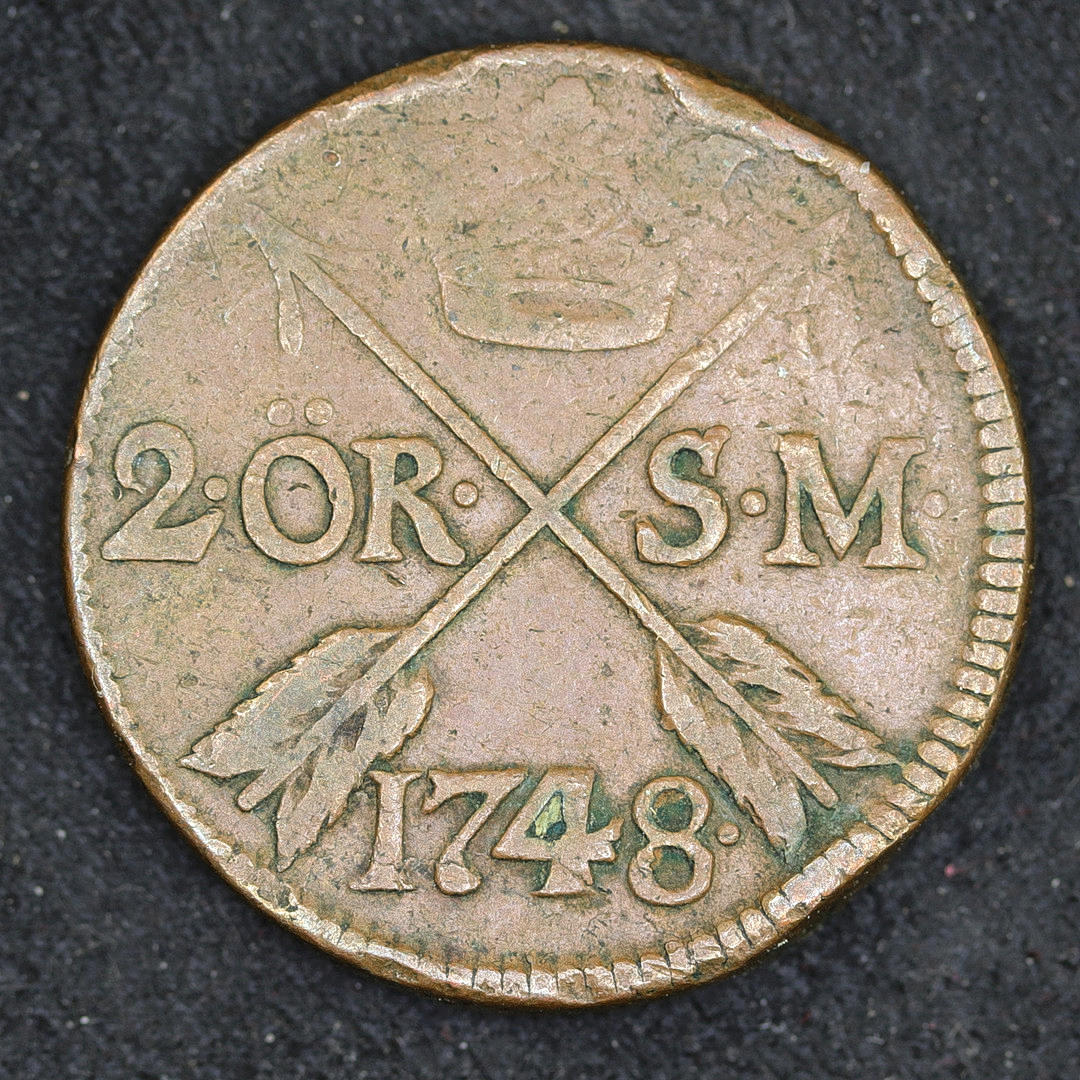 2 Öre, Fredrik I, 1748, Sverige.