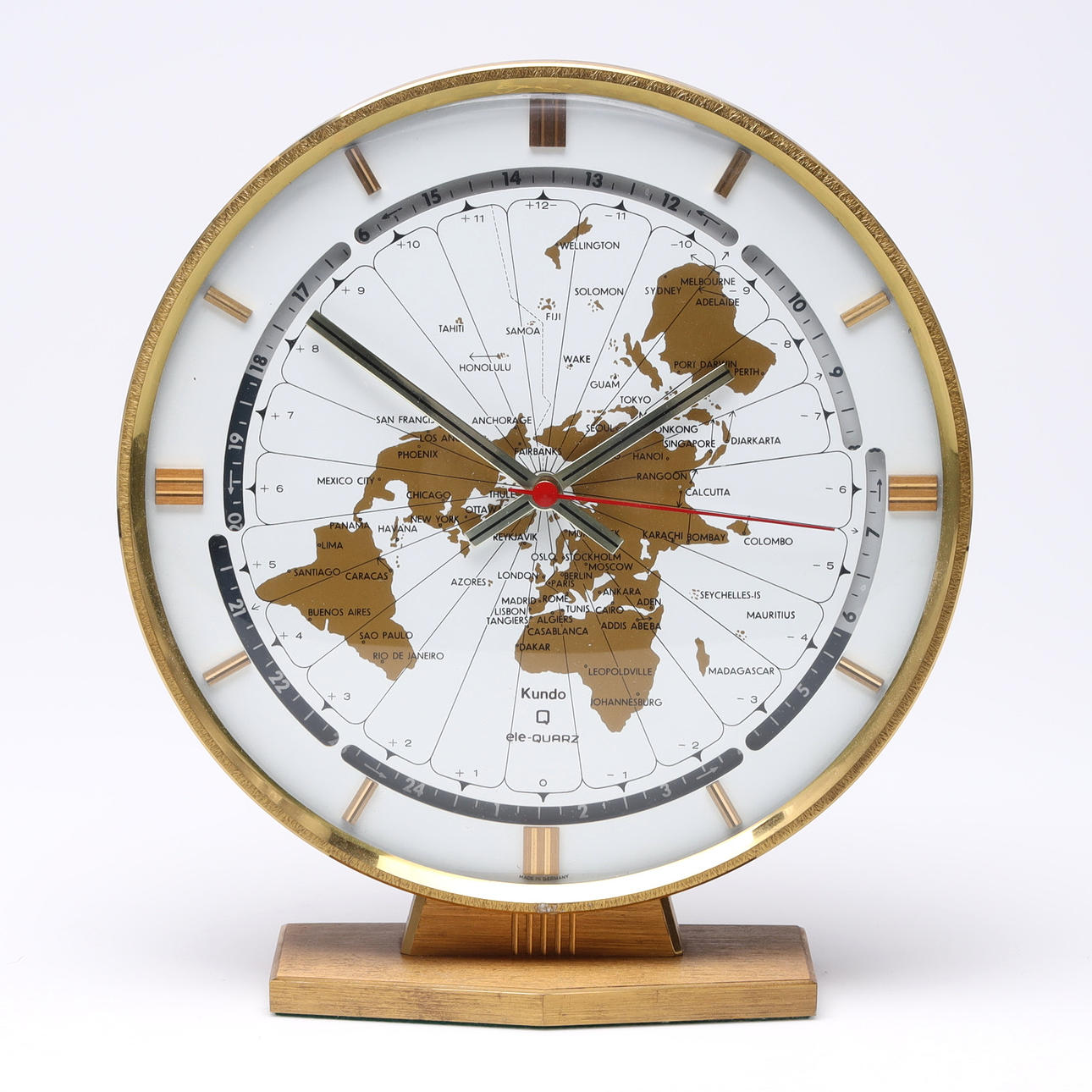 WORLD CLOCK, Kundo, brass 1960s St Georgen, Germany.