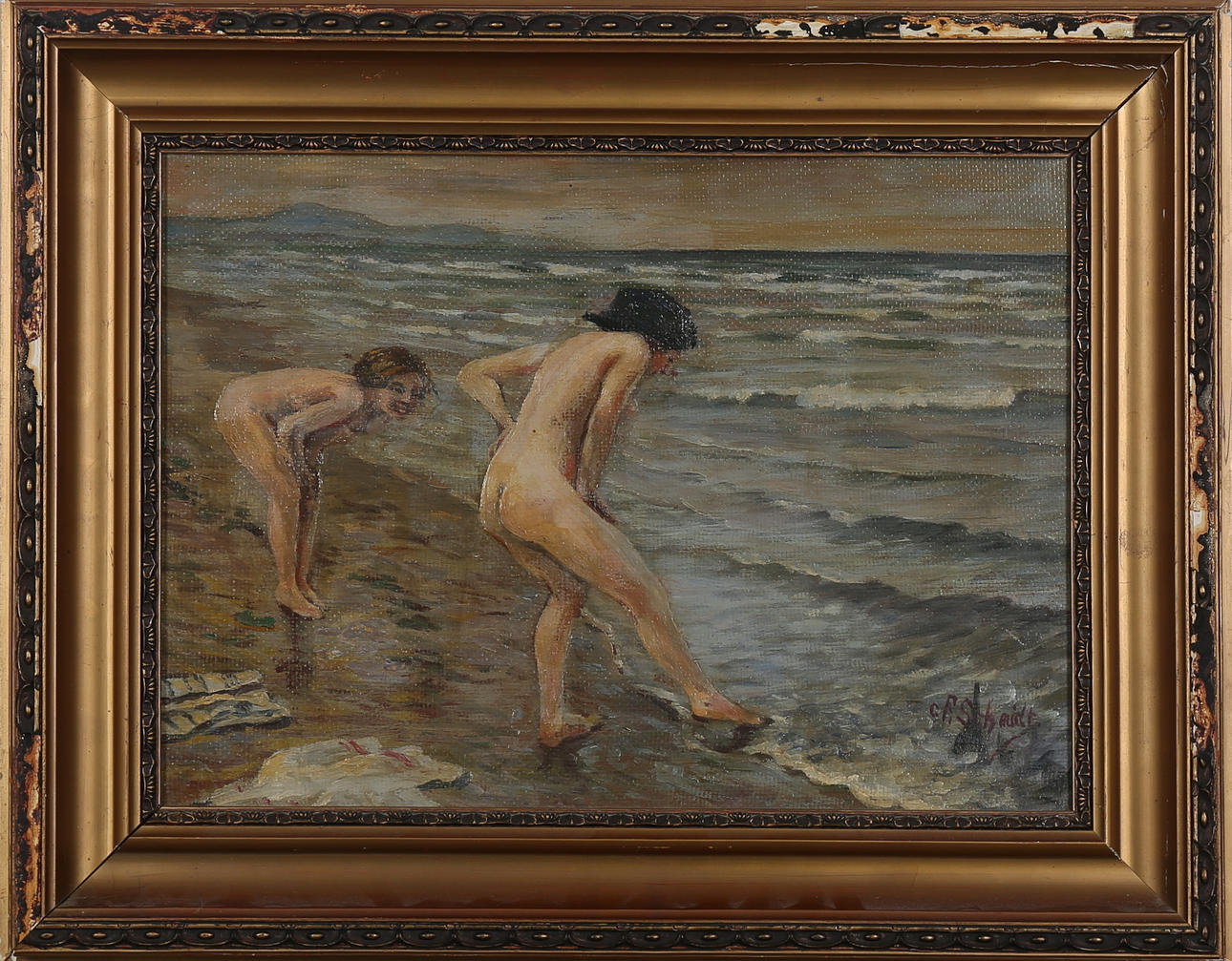 OIDENTIFIERAD KONSTNÄR. Olja på papp pannå, badande flickor, signerad c F Schmidt.