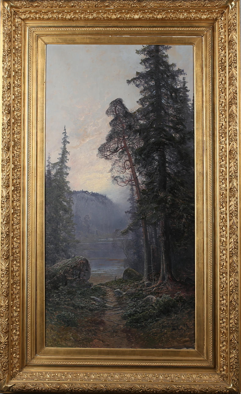 JOHAN KINDBORG. Skogslandskap vid sjö, signerad och daterad Johan Kindborg -89.