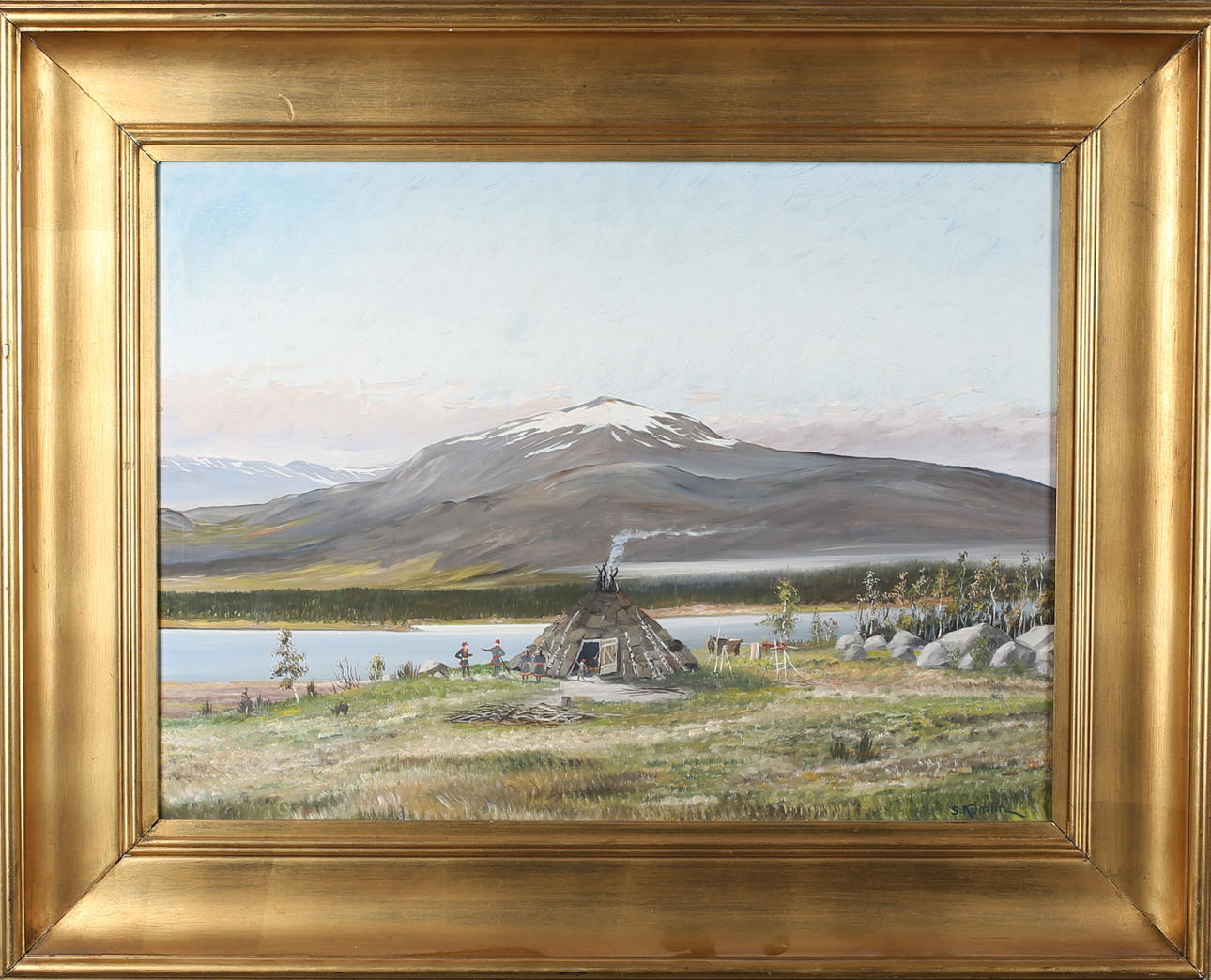 SVEN KUMLIN. Sameläger vid älv, blandteknik på pannå, signerad S. Kumlin.