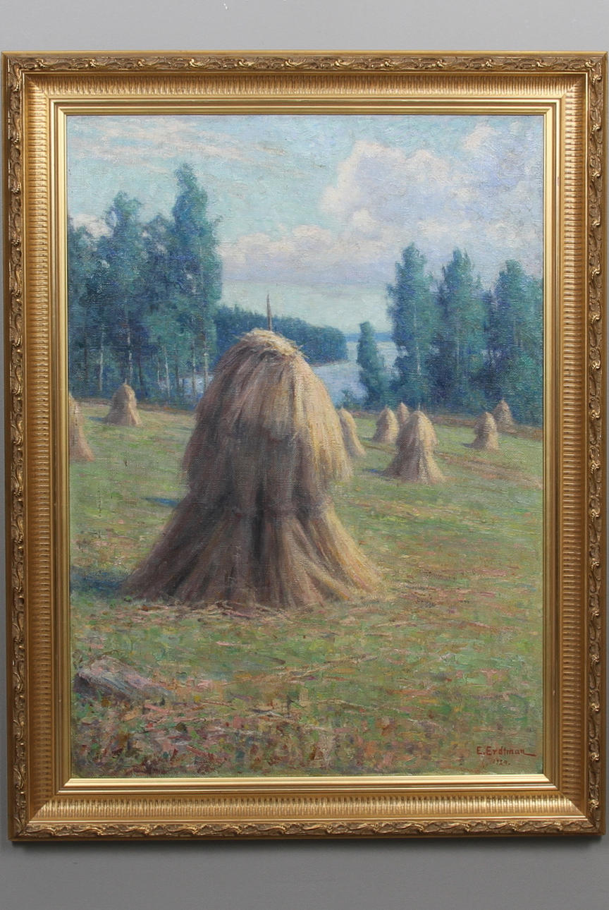 ELIAS ERDTMAN. Skördelandskap vid sjö, olja på duk. Signerad och daterad 1924.