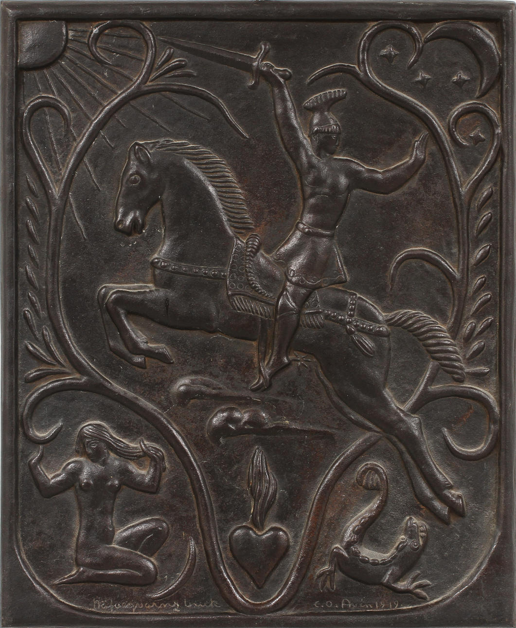 CARL OSCAR AVEN. St Göran och draken, väggrelief, gjutjärn, Näfverkvarns bruk, signerad och daterad 1919.