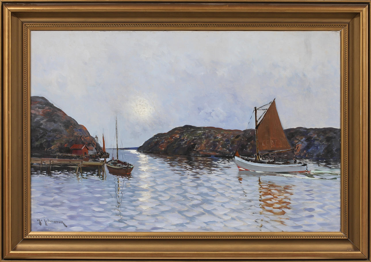 YO JOHANSSON. Båtar och sjöbodar, olja på duk, signerad.