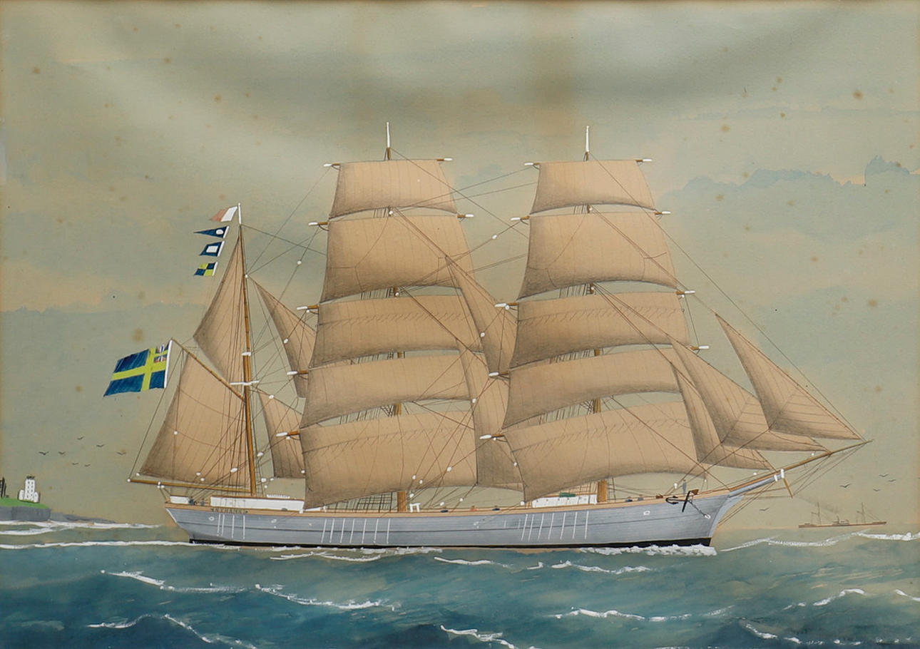 SCHIFFSPORTRÄT, DREIMAST BARK, "NYHAMN", Mischtechnik, 41x59 cm.