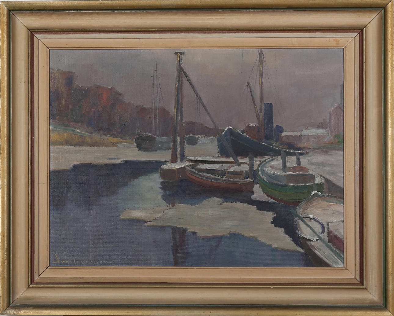 IVAR JOHANSON. Olja på pannå, Kanal i vinterskrud, signerad.