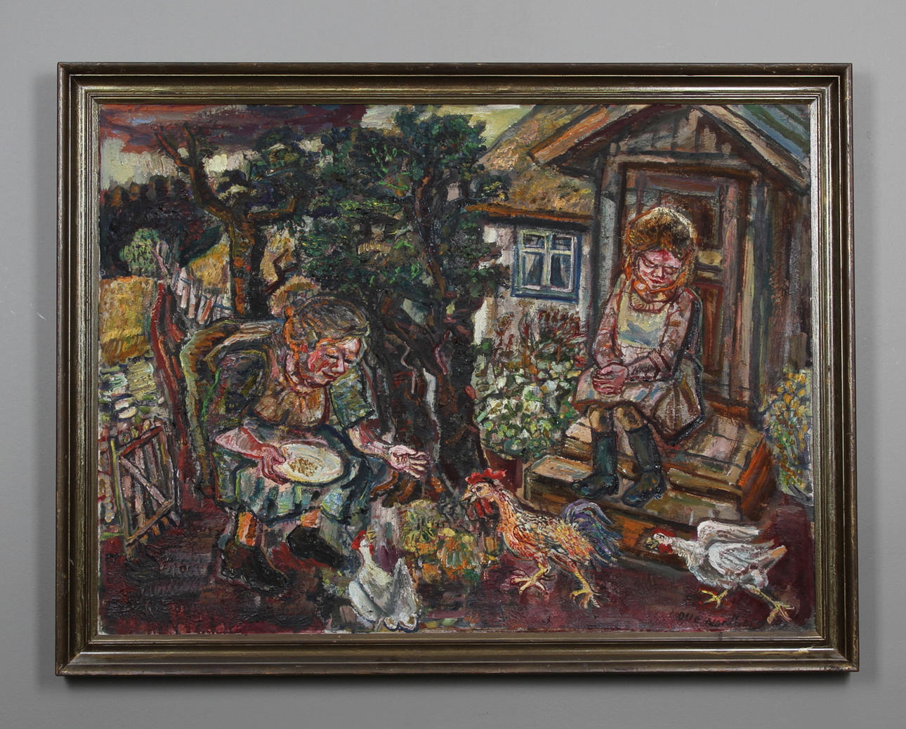 OLLE NORDBERG. "Hönsen matas", olja på duk, signerad och daterad 77.