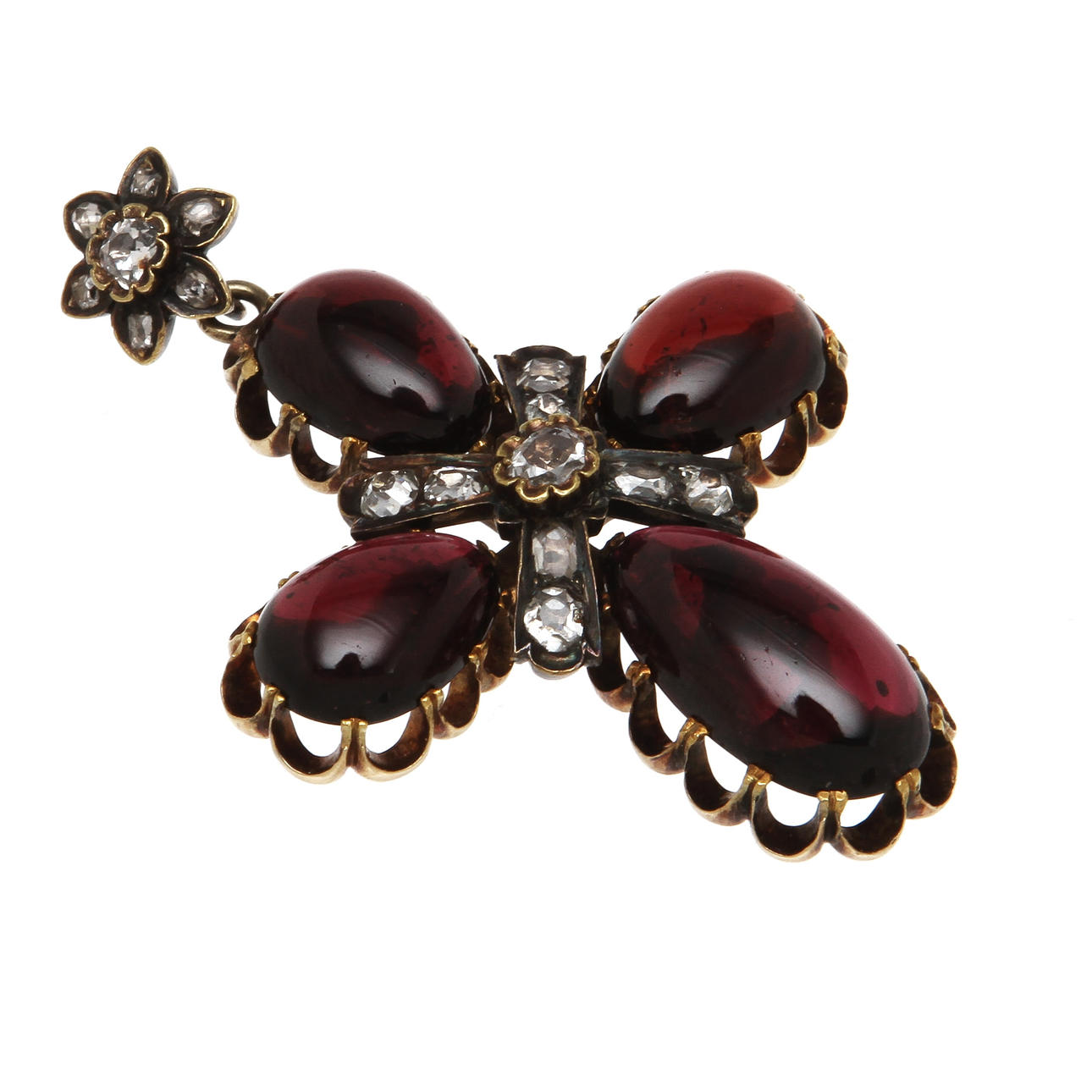 HÄNGE i form av kors, 14K rödguld samt silver med rhodolitgranater och diamanter, 1800-talets mitt. Vikt 28,0 g.